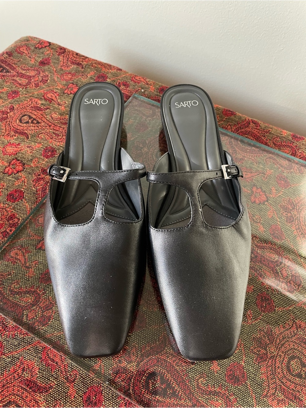 Franco Sarto Black Leather T-Strap Square-Toe Mules NWOT